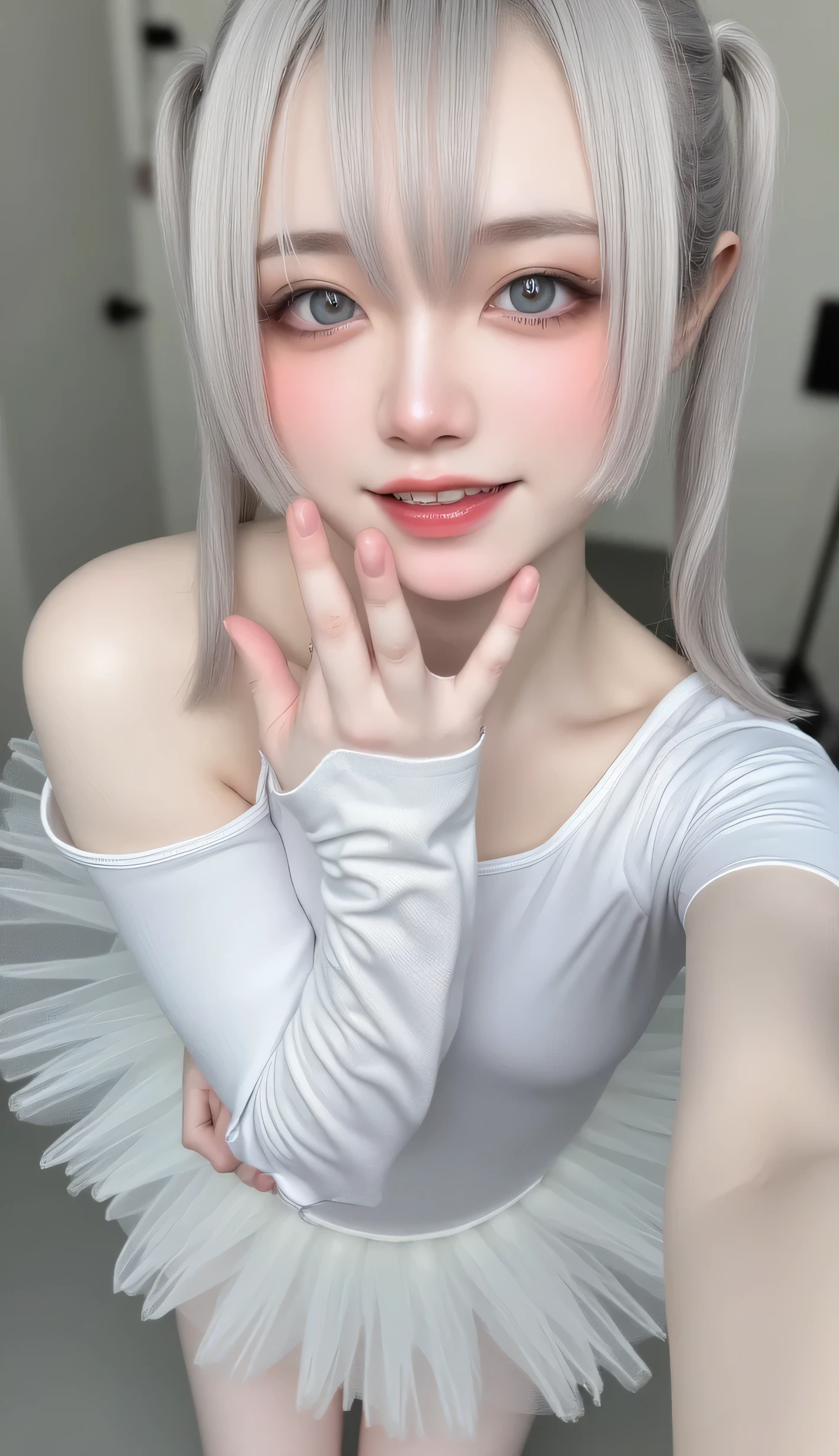 beautiful double eyelids very cute girl ,(((Albino Girl, very white skin , Gray Hair, ))), beautiful detailed eyes , double eyelids with attention to detail ,(Big Eyes:1.4), Long eyelashes, crystal clear bang , ( beautiful detailed faces and eyes:1.4), little straight nose with strong reflective surface , Small Mouth, beautiful long hair, Happy Smile Showing Teeth , ( best quality:1.2), RAW photo, there is nothing, perfect detail in the heat, professional photo shoot , Professional Lighting,break ( ballet costume tutu :1.4),( super shiny white latex costume:1.3) , super tight fit costume 、Ultra Reflective Material ,Beautiful legs, Strong lighting for costumes