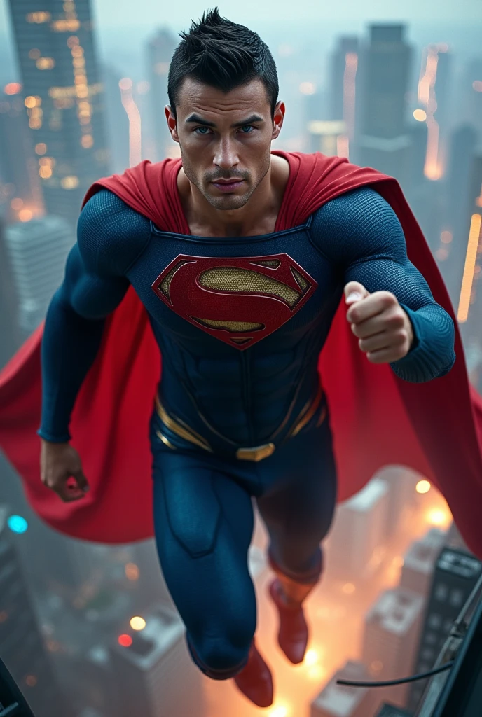 cristiano ronaldo as superman, with an undercut haircut combed back, short beard:2.0,(masterpiece:1.2, Exceptional Quality, Mirror-like, Cinematic Experience, Best illustrations:2.0), Ultra-high resolution, Very detailed, 8k, wallpaper, (Super sexy man:0.5), (Super muscular:2.0), (c3v4n4:2.0), (looking at camera:2.0), (Muscular Chest:2.0), (Elegant body:2.0), (Beautiful Eyes, Shining eyes, Detailed face, small beard, Beautiful skin texture:1.3, undercut haircut:1.3), (Beautiful male hands:2.0), (Fine hand:2.0), (in mid-flight superhero pose:2.0), (Wearing a Superman suit:2.0), (on city rooftop edge, In the background a cityscape and intense electrical discharges:2.0), (Super sexy:2.0), (Very muscular thighs:2.0), (Super functional:2.0), (Cyberpunk:2.0), (SF:2.0), (Visual Effects:2.0), (Upper body close-up:2.0), (dynamic:2.0), (Serious:2.0), add dramatic background
