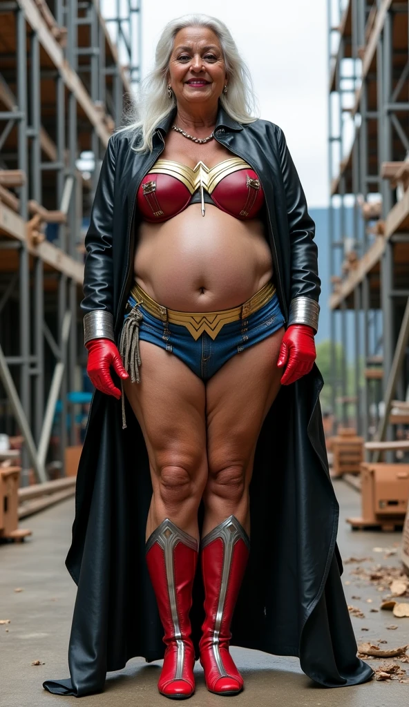 Gigantic undead vampire gothic girl with short dark hair and blue eyes, Big big butts, muscular, super strong huge tits lingerie red cape , Waders, BBW lifts giant truck over her head laughing with fangs view from ground