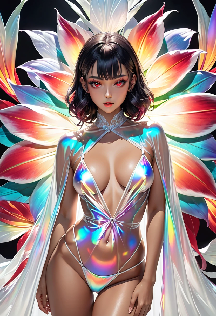 (Raw photo:1.2), (Photorealistic), Beautiful detailed girl, (oil painting:1.5), (NSFW:1.2), 1girl laying, feature, pureerosface_v1, Ambilight, slender waist, (splash, brushwork:1.5),double exposure, fussion of fluid abstract art,(original illustration composition),( fusion of limited color, maximalism artstyle, geometric artstyle) Incorporate vibrant colors, dynamic brushstrokes, and intriguing textures to capture the essence of the subject's inner world, black choker, pink ribbons, dynamic pose, delicate stockings, long shot]:0.8.