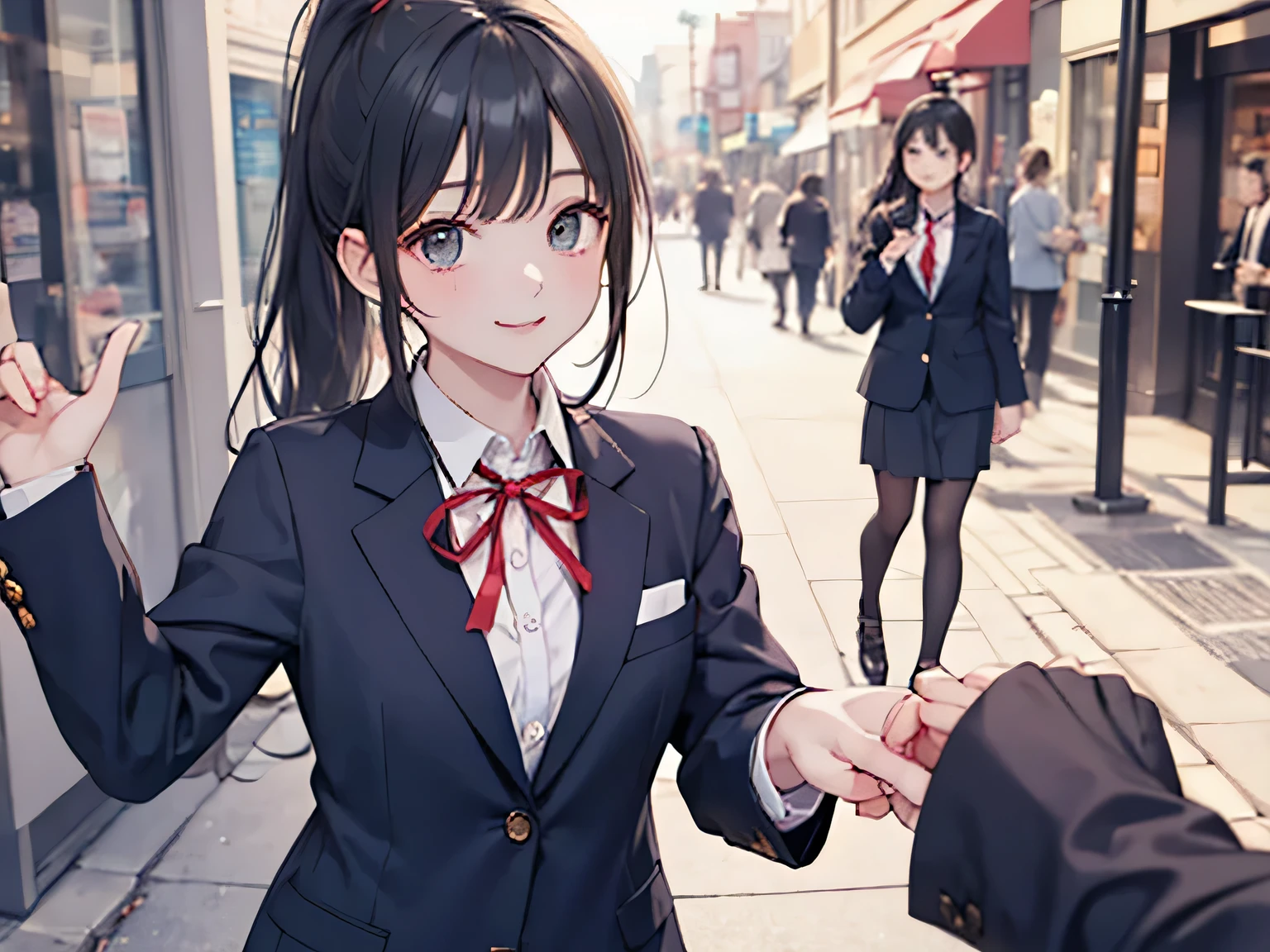 POV, After-school shopping street, A high school girl with black hair and a high ponytail is holding out her hand, looking at her fingers with a mischievous smile and explaining while counting, wearing a navy blue blazer with a ribbon.
