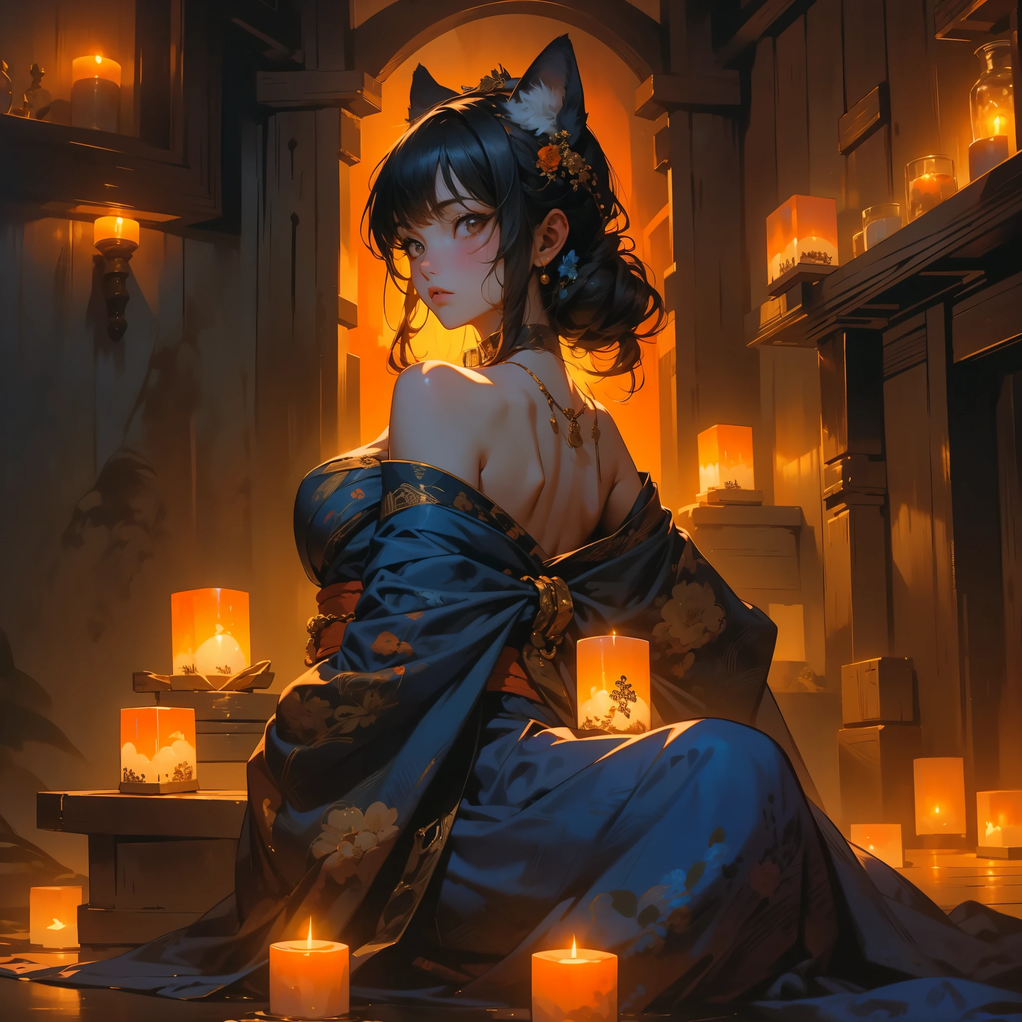 A Japanese  girl, elaborate navy blue kimono, elaborately decorated ancient-Japanese hair, black eyes, the pair of orange fox's ears on her head. pose:  facing the viewer,head slightly bow,. Setting: upper half body picture,  Night, traditional Japanese wooden room,candle light, dim, soft, orange light, with shadows.