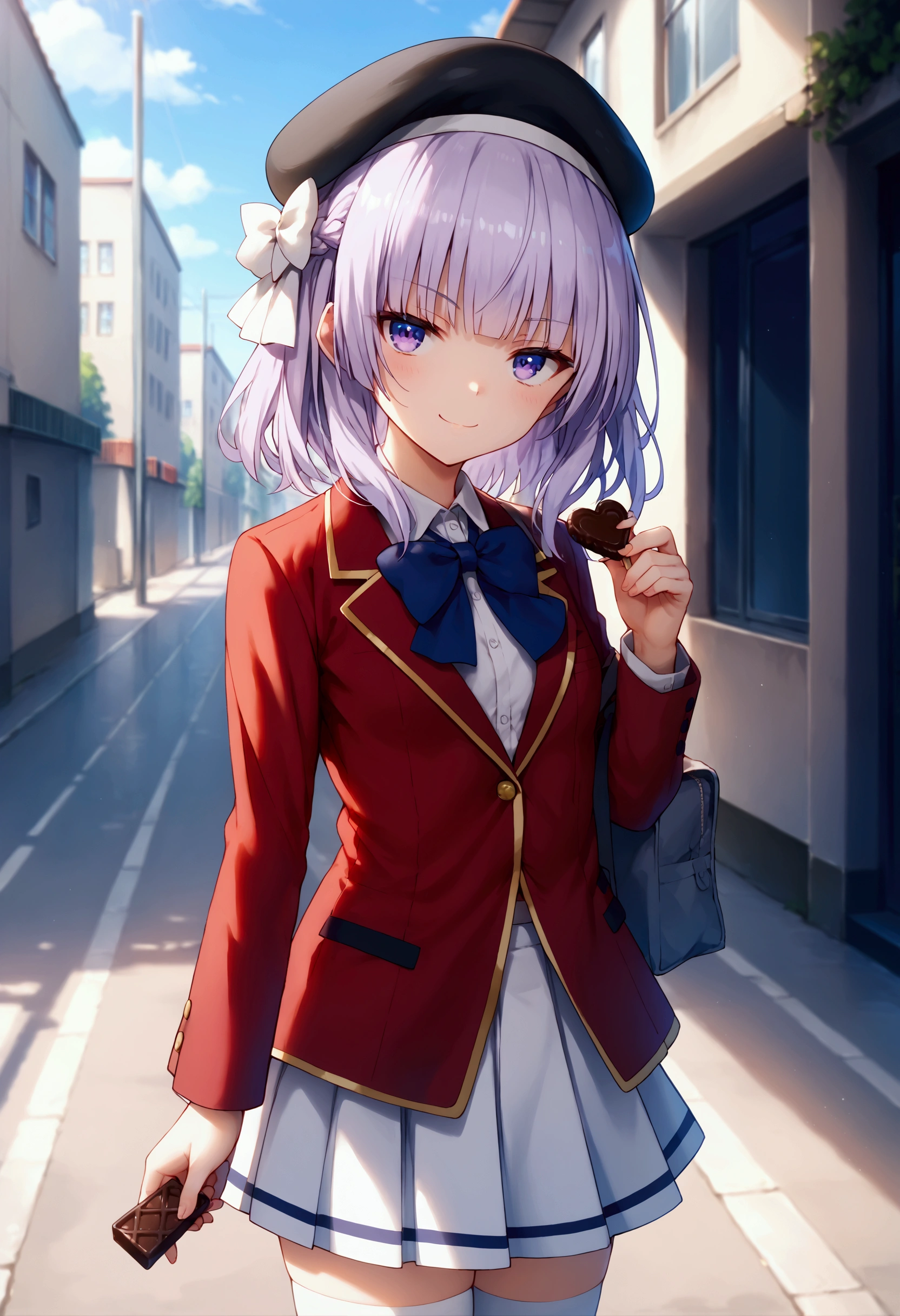 score_9,score_8_up,score_7_up,source_anime,high res image,shiny hair,1girl,solo,looking at viewer,Sakayanagi Arisu,beret,black headwear,medium hair,light purple hair,braid,hair bow,white bow,hair ribbon,white ribbon,sidelocks,blunt bangs,purple eyes,school uniform,red jacket,blazer,blue bowtie,white shirt,collared shirt,dress shirt,long sleeves,small breasts,miniskirt,white skirt,pleated skirt,zettai ryouiki,white thighhighs, incoming food, chocolate, holding, holding chocolate, holding food, food,smirk