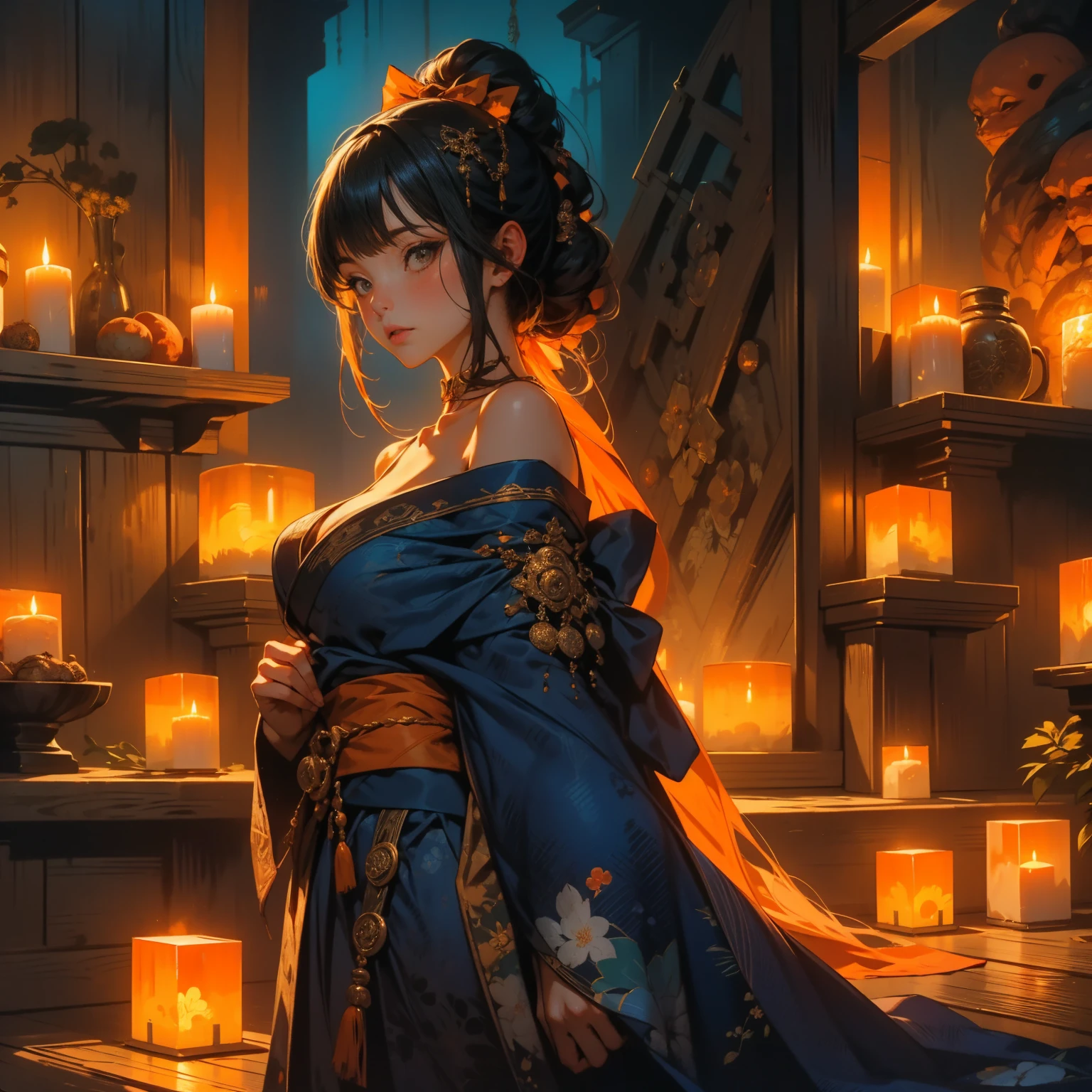 A Japanese  girl, elaborate navy blue kimono, elaborately decorated ancient-Japanese hair, black eyes, the pair of orange fox's ears on her head. pose:  facing the viewer,head slightly bow,. Setting: upper half body picture,  Night, traditional Japanese wooden room,candle light, dim, soft, orange light, with shadows.