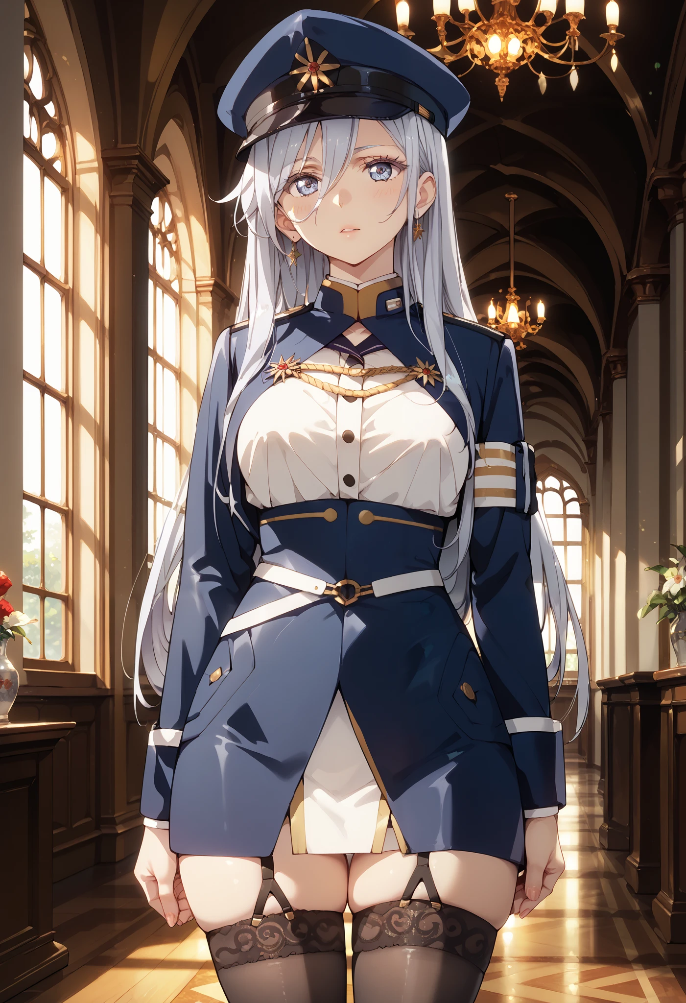 1girl, solo, silver hair, straight hair, blue eyes, (beautiful detailed eyes: 1.4), officer hat, officer uniform, thigh-high stockings, thicc thighs, authorathive pose, indoors, wallpaper, masterpiece, best quality, good quality, newest, ultra quality, high detailed