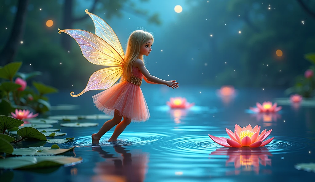 Fairy fishing in a glowing lake near magical flowers