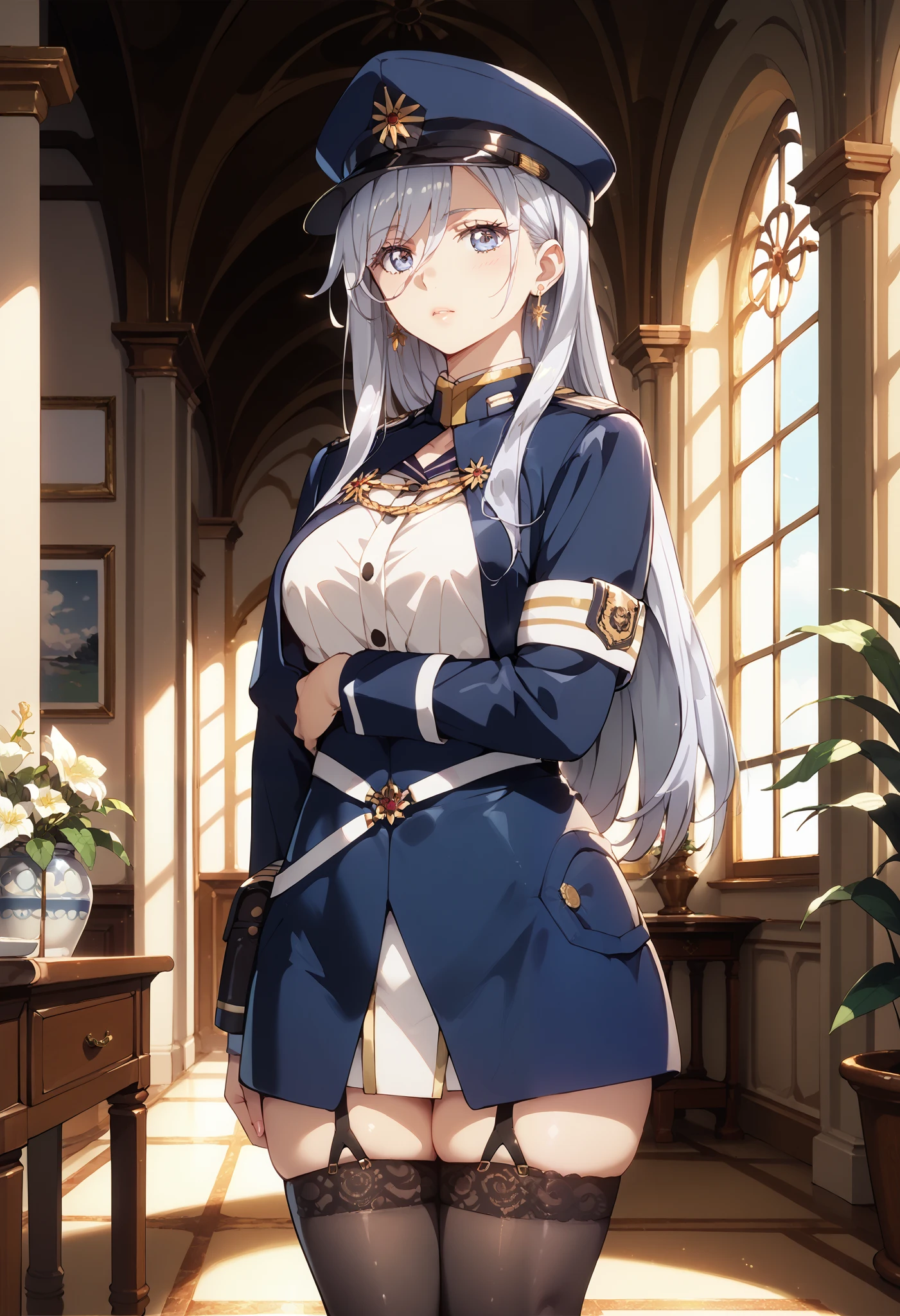 1girl, solo, silver hair, straight hair, blue eyes, (beautiful detailed eyes: 1.4), officer hat, officer uniform, thigh-high stockings, thicc thighs, arms crossed, authorathive pose, indoors, wallpaper, masterpiece, best quality, good quality, newest, ultra quality, high detailed