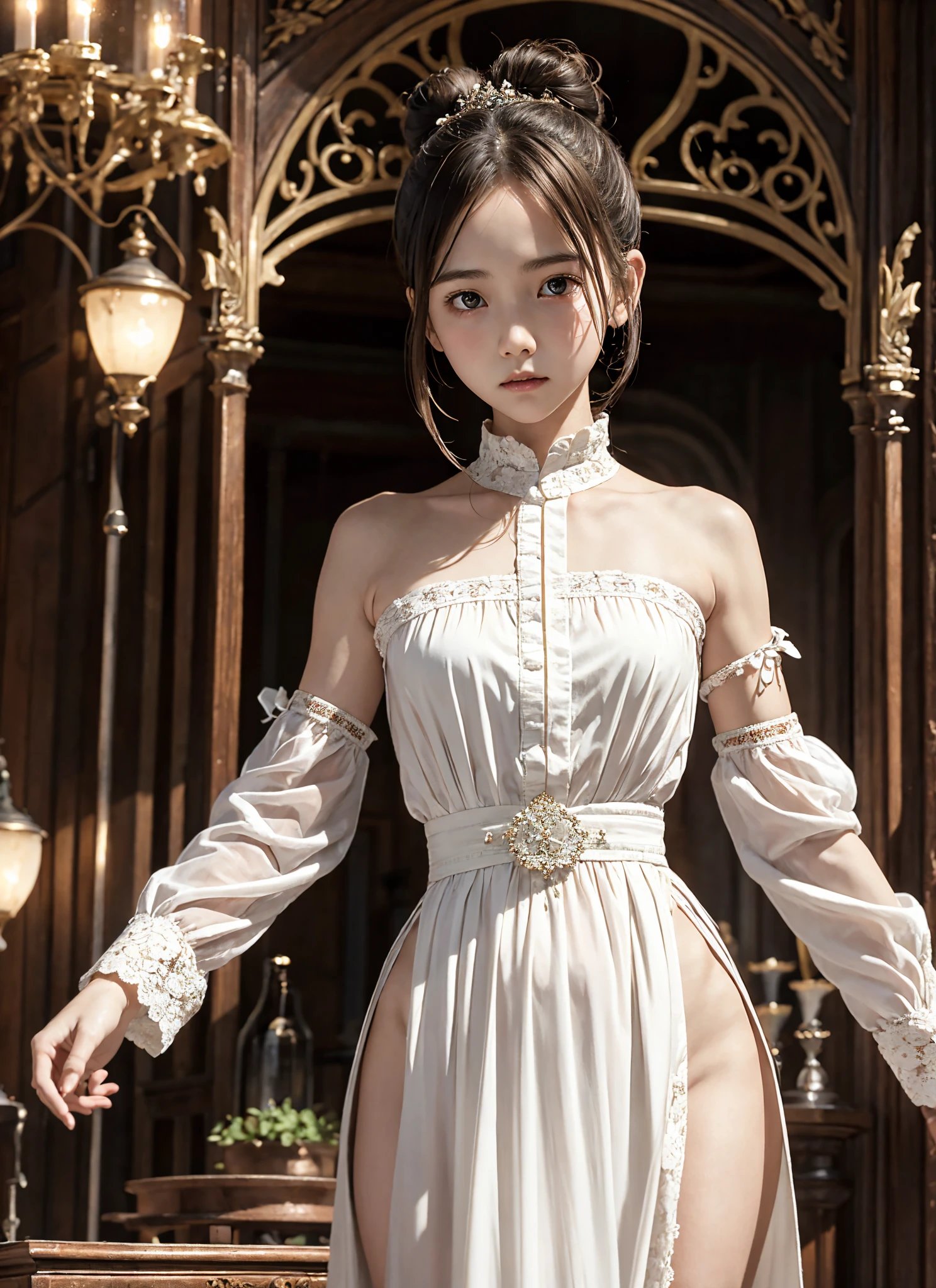  Unity 8K Wallpaper,  more details,  beautiful,  beautiful, masterpiece,  top quality, vibe, mystery, Romanticism, literature, art, fashion,  Victorian, Decoration, Complexity, Ironwork, race, meditation, Depth of emotion,  Supernatural, 1 girl, white skin,White Shoulders,Narrow shoulders,Thin arms, slender waist, bun hair 