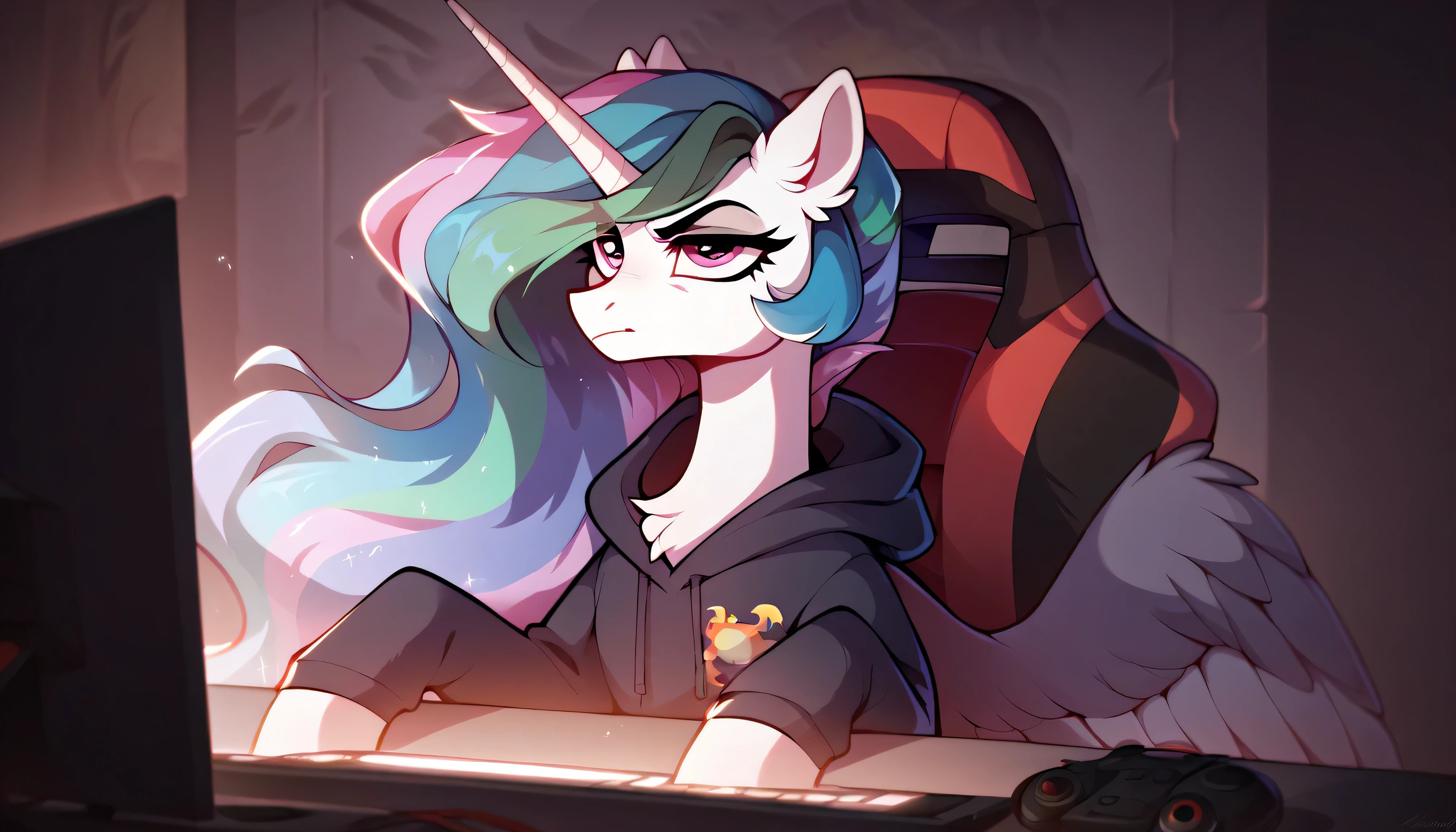 Score_9, Score_8_up, Score_7_up, Score_6_up, a serious unicorn alicorn, gamer of Princess Celestia from My Little Pony, depicted in a dark hoodie playing in a gaming chair looking at a screen where there are numbers that are 2025 with her back turned, where she is playing to the legendary 2D Geometry Dash game. Celestia's mane flows in a wavy pattern of pastel colors, with shades of blue, green, purple, and violet mixing with each other. She has her back to the frame with a neon gaming headset looking at the screen where she plays with a spoiled expression. The stage is a room. full body