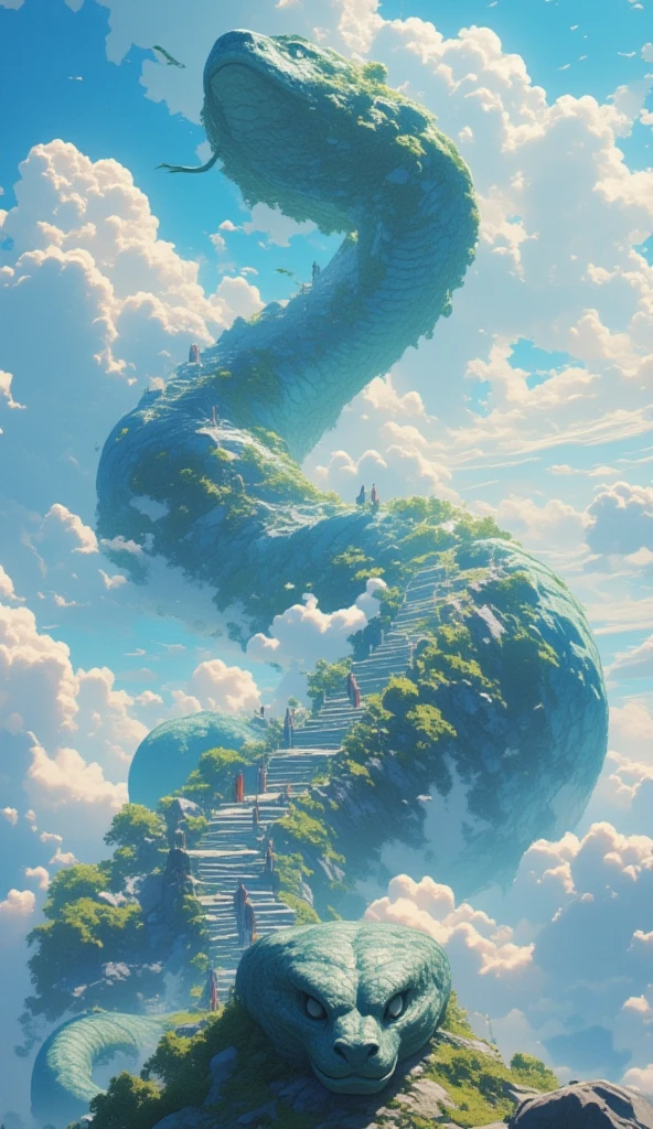 statue snake, serpent path, endless path, snake head statue in the beginning of the path at the bottom of the image, above the snake head is its body which is an endless patway and staircases into the cloud, the snake head facing the viewer, on clouds