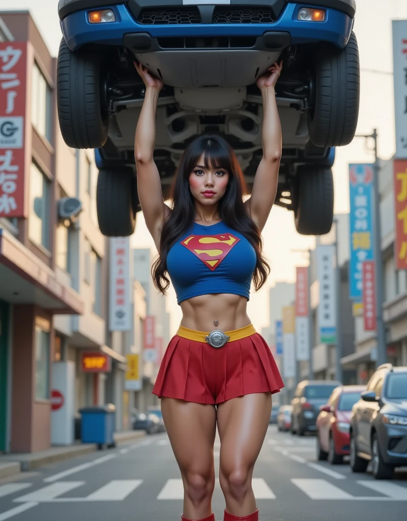 A CUTE, (BLUE EYED) JAPANESE GIRL SHE HULK. LONG CASCADING BLACK HAIR, WEARING A LONG SLEEVED BLUE 1980 SUPERGIRL CROP TOP WITH A METALLIC "S" EMBLEM ON THE CHEST, SHORT RED PLEATED SKIRT WITH A YELLOW BELT, RED SUPERGIRL BOOTS WITH YELLOW TRIM AND A RED SUPERGIRL CAPE. LONG BLACK HAIR DREAMY BLUE EYES, STANDING. THICK SPANDEX FABRIC, ULTRA 8K TEXTURES AND DETAILS. HIGH RES, PROFESSIONAL QUALITY IMAGE. DETAILED 4K BLUE EYES. LONG HAIR, BREASTS, HIGH RESOLUTION, BEST QUALITY, DETAIL, HIGH DETAILS, SUPER DETAILED, TEXTURED SKIN, STREET BACKGROUND. HOLDING A FULL SIZE CAR ABOVER HER HEAD