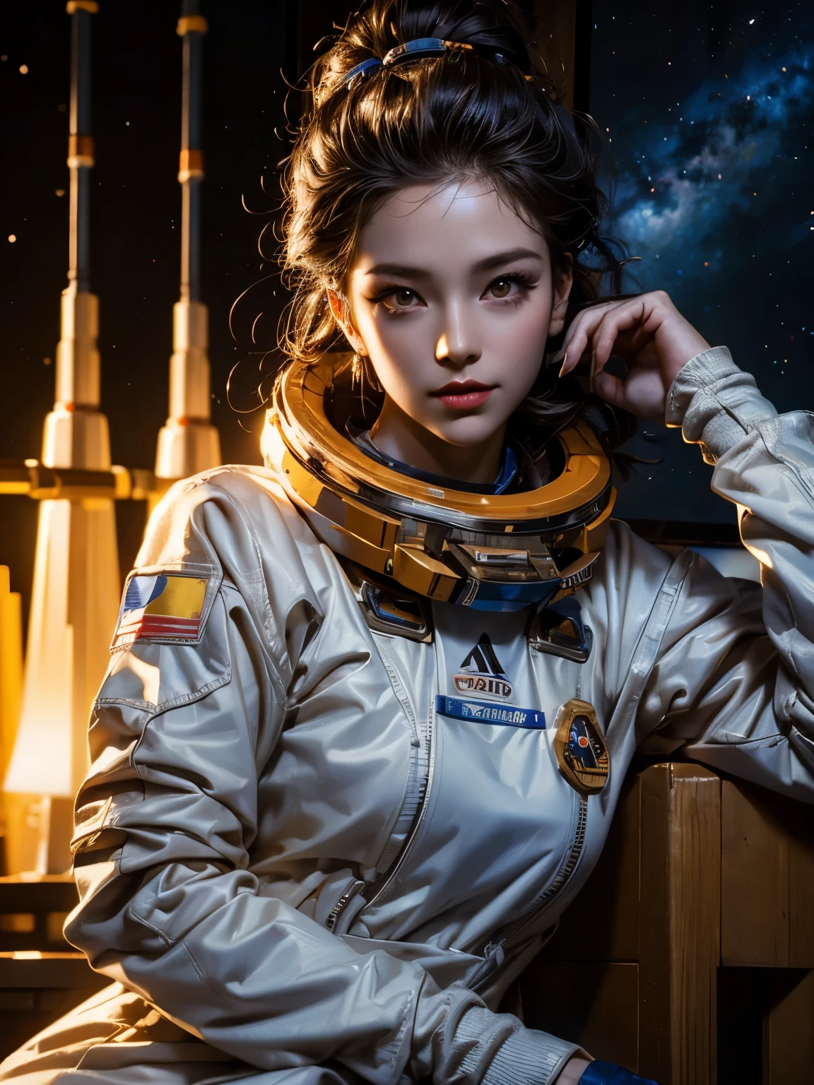arafed woman in a space suit standing in a space station, Portrait anime space cadet girl, yellow space suit, girl in space, Portrait Armored Astronaut Girl, beautiful woman in space suit, science fiction space suit, science fiction woman, space suit, science fiction women, detailed space suit, space suit, in space suit, with a space suit on,(masterpiece, best quality, 8K, sharp focus, depth of field, best shade, perfect lighting, high dynamic range, Realistic skin texture, Super detailed background),