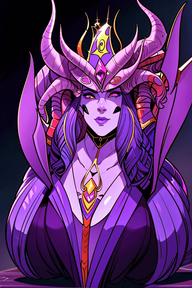 Nyx,pointy ears,slicked back hair,purple skin,white body tattoo,circlet,horns,
purple dress,cleavage,
smile,from below,
upper body,standing,
destroyed Temple,midnight,
(insanely detailed, beautiful detailed face, masterpiece, best quality),<lora:NyxP53:0.8>,