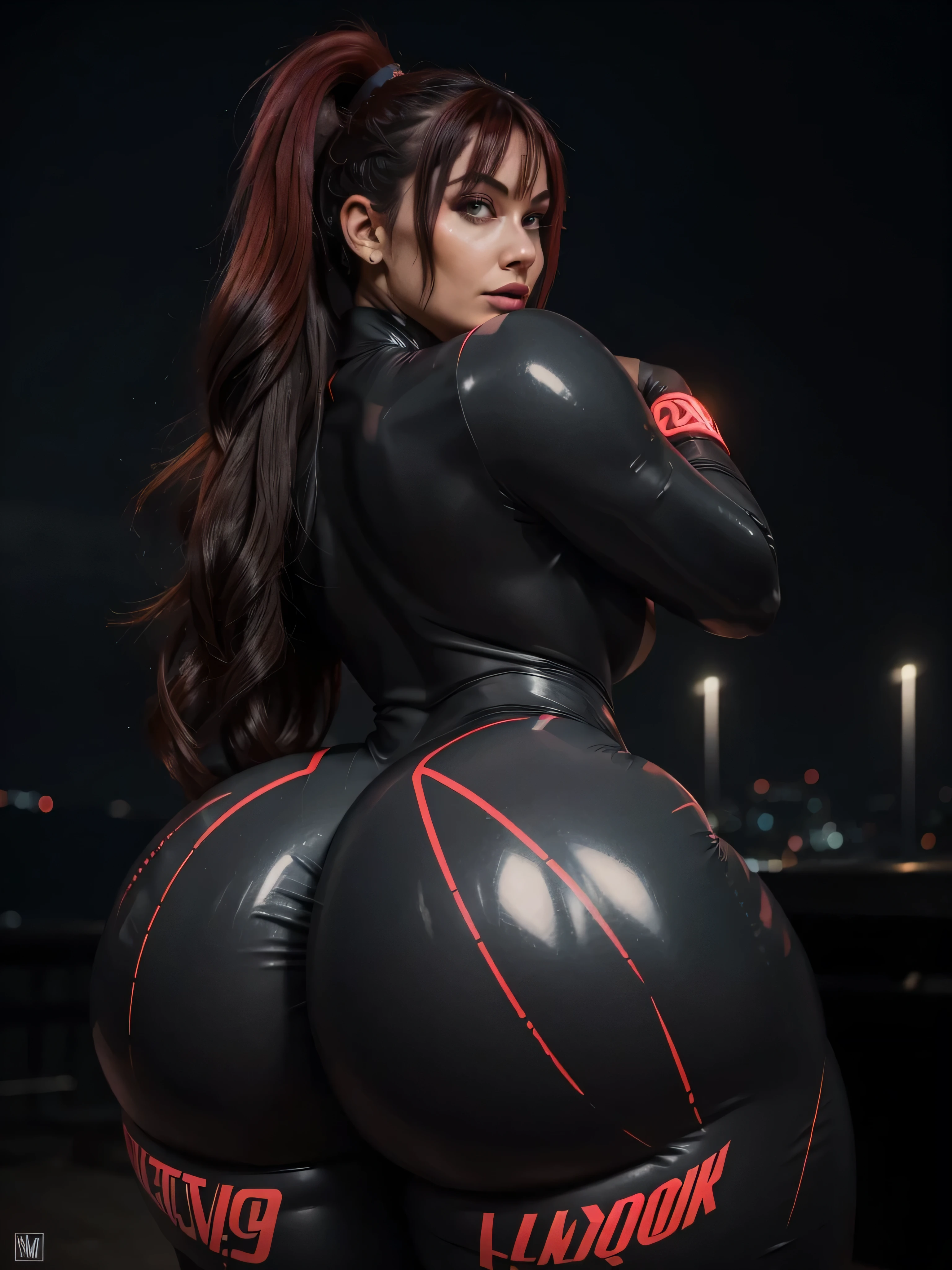 Beautiful woman with amazing body wearing a dark gray latex full body catsuit with red neon tattoos lit up like intense light, young woman, with her back to the camera showing a huge ass, Very slender waist, wide hip, beautiful grandmother, beautiful old woman, night and urban scenery with bokeh and flares on camera