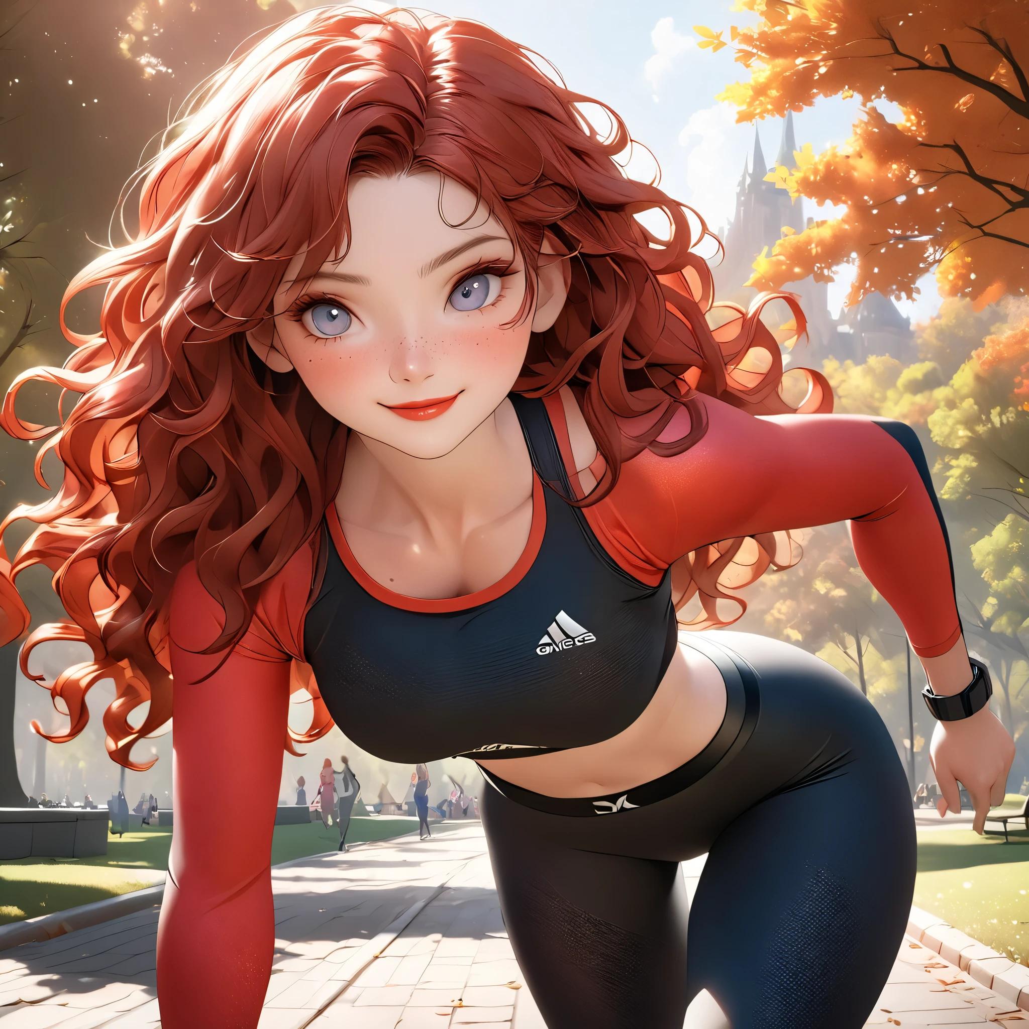 8k,masterpiece, CGSTATION, hyper CGI style, arte extremadamente detallado de artgerm, photorealistic chica anime render, 8k anime drawing style, best quality, 3D rendering, INTRICATE, cute, hyper detailed, medium bust, 27 years old, a woman, sensual smile, red lips, super detailed skin, super beautiful eyes,front,perfect nose, MeridaXLP, freckles, wavy hair, She is wearing tight black thermal leggings, above she is wearing a tight red sports top, white running shoes, she is wearing a sports fanny pack, performing warm-up movements in a park, fhd,
