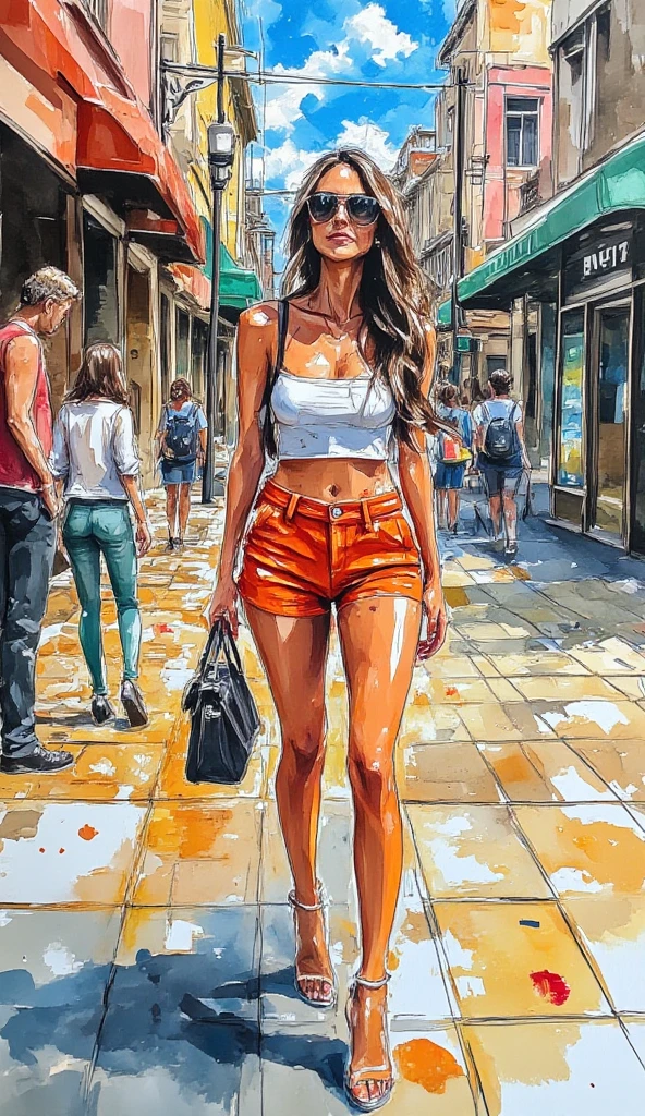 Painterly art, a whimsical yet realistic scene in ink, chalk, oils and acrylics, a stylish woman with long, flowing hair walks confidently down a vibrant street. She wears a chic outfit consisting of a bare-shouldered crop top and high-waisted orange shorts that showcase her long legs. Sunglasses adorn her face, reflecting the colourful surroundings. In her hand, she holds a fashionable handbag. The scene is infused with bright colours and an impressionistic art style, capturing the lively atmosphere of a sunny day in a bustling urban environment.