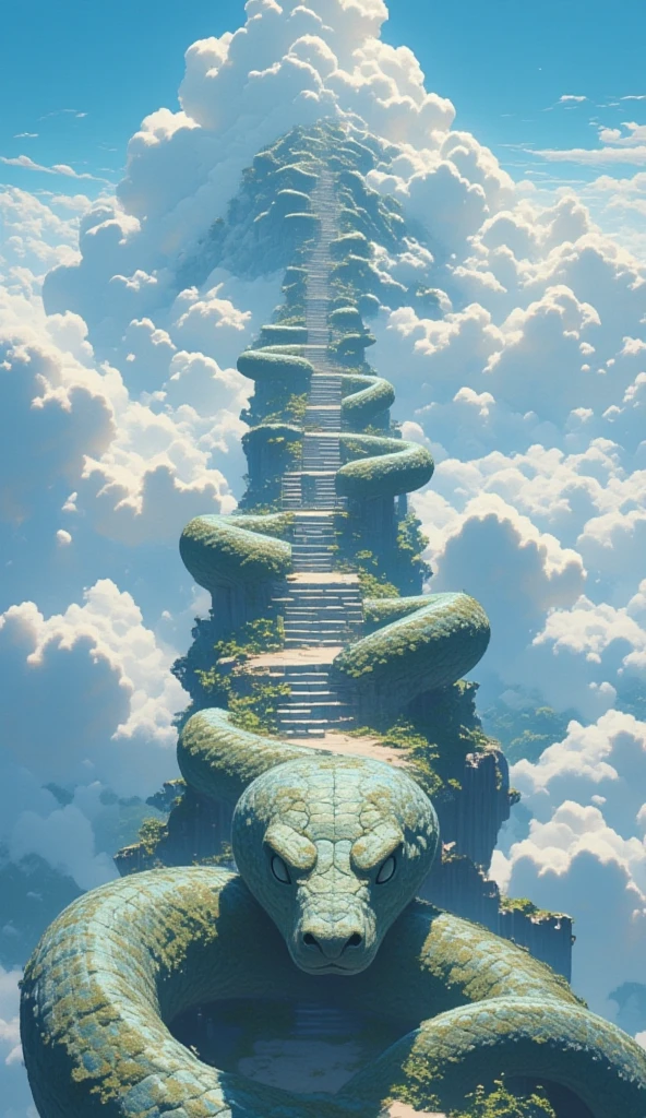 statue snake, serpent path, endless path, snake head statue in the beginning of the path at the bottom of the image, above the snake head is its body which is an endless pathway and staircases into the cloud, the snake head facing the viewer, on clouds