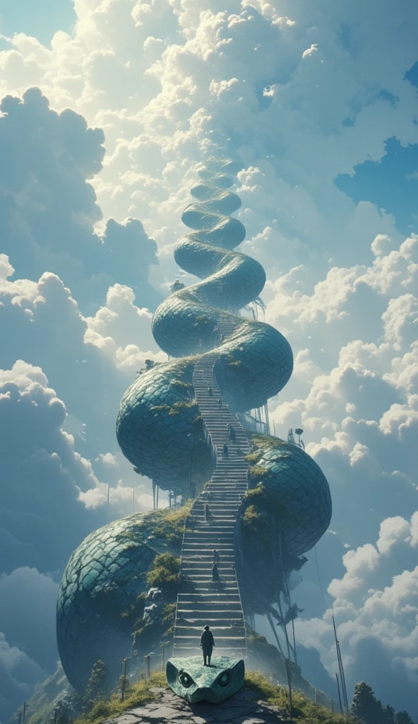 statue snake, snake path, endless path, snake head statue in the beginning of the path at the bottom of the image, above the snake head is its body which is an endless pathway into the cloud, the snake head facing the viewer, on clouds