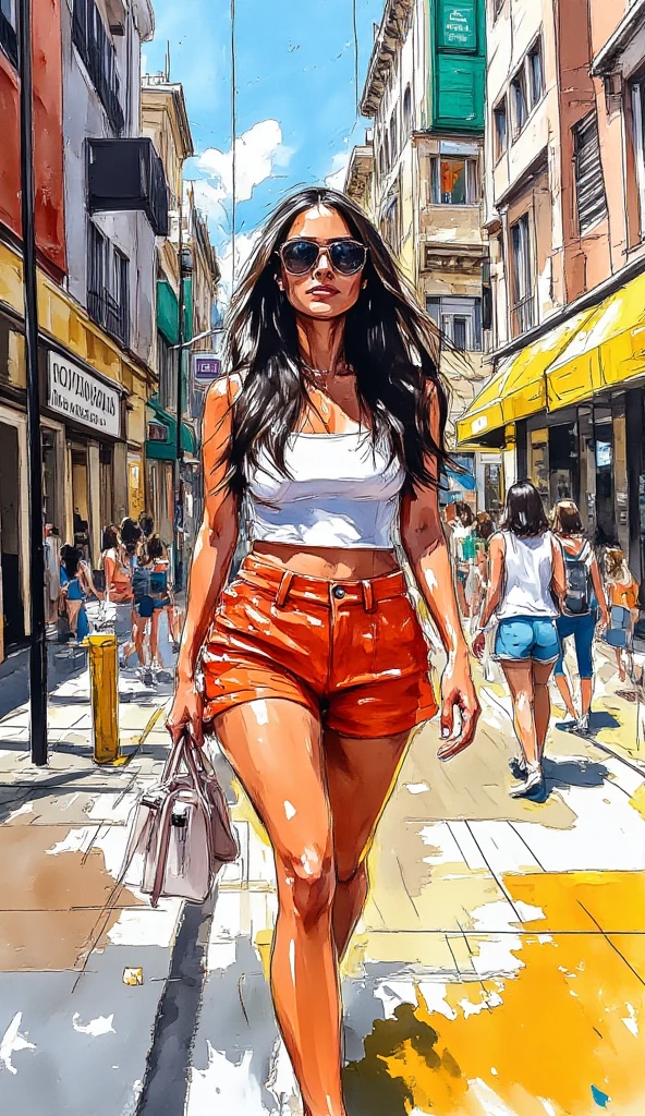 Painterly art, a whimsical yet realistic scene in ink, chalk, oils and acrylics, a stylish woman with long, flowing hair walks confidently down a vibrant street. She wears a chic outfit consisting of a bare-shouldered crop top and high-waisted orange shorts that showcase her long legs. Sunglasses adorn her face, reflecting the colourful surroundings. In her hand, she holds a fashionable handbag. The scene is infused with bright colours and an impressionistic art style, capturing the lively atmosphere of a sunny day in a bustling urban environment.