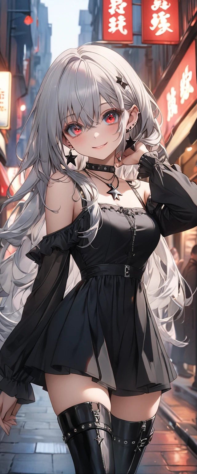 ((masterpiece、highest quality、Super detailed))、One girl、silcer deep gray Hair、long straight hair、straight haurcut、bl I'll 6⁶ bangs、dusty red eyes、smug smile、((Grin))、medium breasts、((Black ruffled clothes))、Off the shoulder、Strapless、((Black Leather Jacket))、((Checkered Skirt))、edgpskirt、multiple chains、Fishnet tights、Cowboy Shot、balcony and night beautiful cozy street full of cafeterias