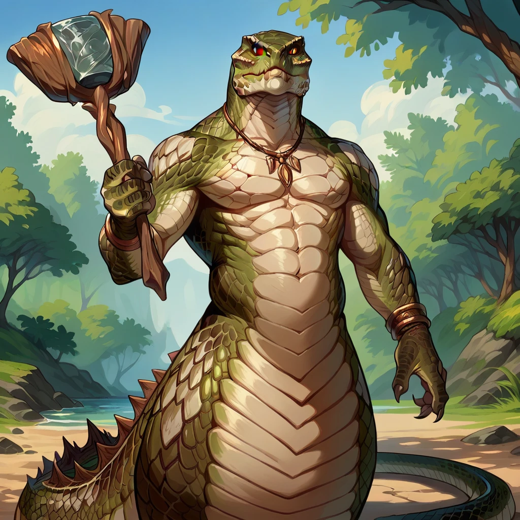 score_9, score_8_up, score_7_up, 2d, anime, stylized, rough lines, anthro snake, naga, Zoat, solo, tree, bracelet, day, dinosaur, wood, holding scepter, looking at viewer, detailed scales,