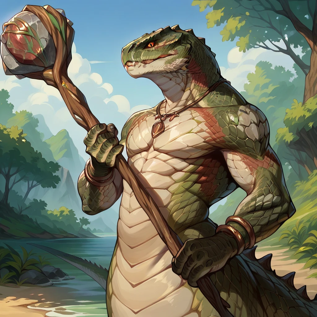 score_9, score_8_up, score_7_up, 2d, anime, stylized, rough lines, anthro snake, naga, Zoat, solo, tree, bracelet, day, dinosaur, wood, holding scepter, looking at viewer, detailed scales,