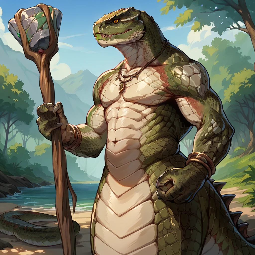 score_9, score_8_up, score_7_up, 2d, anime, stylized, rough lines, anthro snake, naga, Zoat, solo, tree, bracelet, day, dinosaur, wood, holding scepter, looking at viewer, detailed scales,