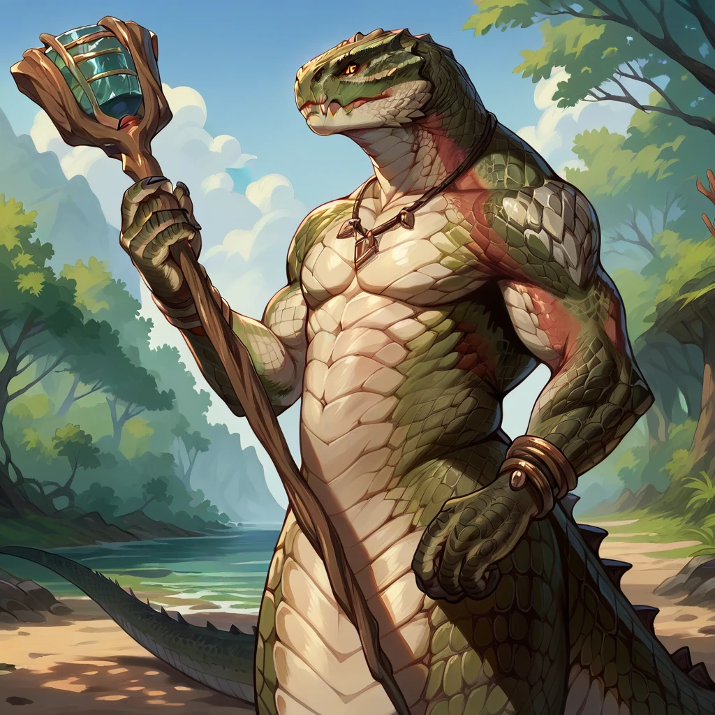 score_9, score_8_up, score_7_up, 2d, anime, stylized, rough lines, anthro snake, naga, Zoat, solo, tree, bracelet, day, dinosaur, wood, holding scepter, looking at viewer, detailed scales,