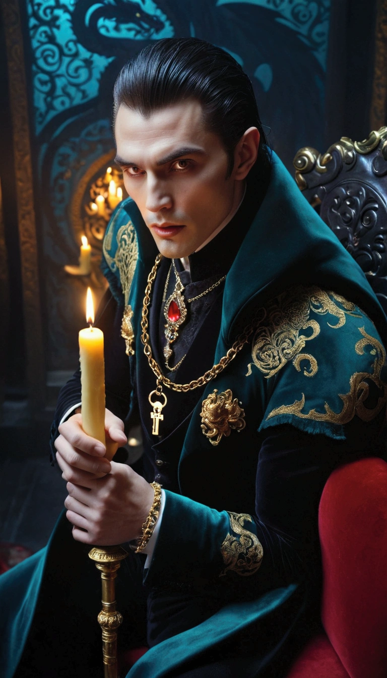 A VAMPIRE man, sitting on a dark teal velvet throne, wearing a dark teal coat, adorned and embroidered with gold and metallic arabesques. The coat is accented by gold detailing, resembling intricate embroidery of Dragons in gold thread. He also wears a matching vest and a ruffled tie. His hair is dark, neatly combed. His expression is intense, macabre, almost regal, and he shows his very long fangs in a bite-like motion. He is holding a golden object (similar to an exquisitely ornate miniature ancient key) in his hands. The room is dimly lit by candles, creating a warm glow with a dark and dramatic atmosphere. The background of the throne is rich and dark, very high backed with hints of gothic aesthetics. Hyperrealistic rendering of fabrics and details, highlighting textures and shadows. Include detailed elements such as the embroidered patterns, jewelry, and chair. Focus on the man's facial expression and posture to convey a sense of power and mystery. Use bold colors, deep shadows, and warm neon light reflected from candles.