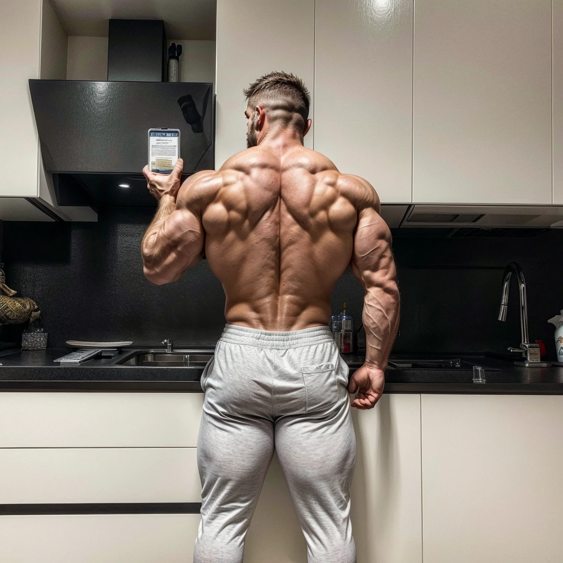 Back muscles on steroids, Bodybuilder in the mass phase, Mirror photo