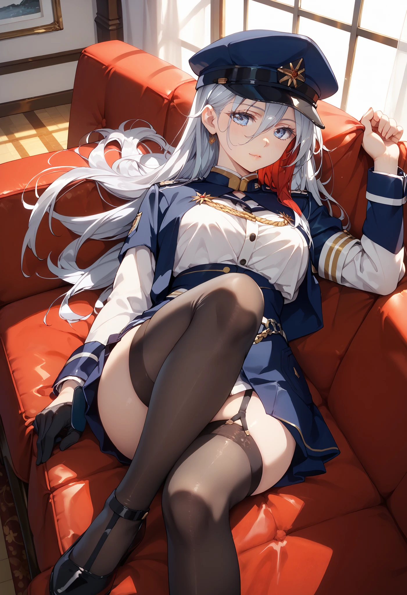 1girl, solo, multicolored hair (silver/red), straight hair, blue eyes, (beautiful detailed eyes: 1.4), officer hat, officer uniform, thigh-high stockings, thicc thighs, legs crossed, lying on sofa, on back, seductive pose, indoors, wallpaper, masterpiece, best quality, good quality, newest, ultra quality, high detailed