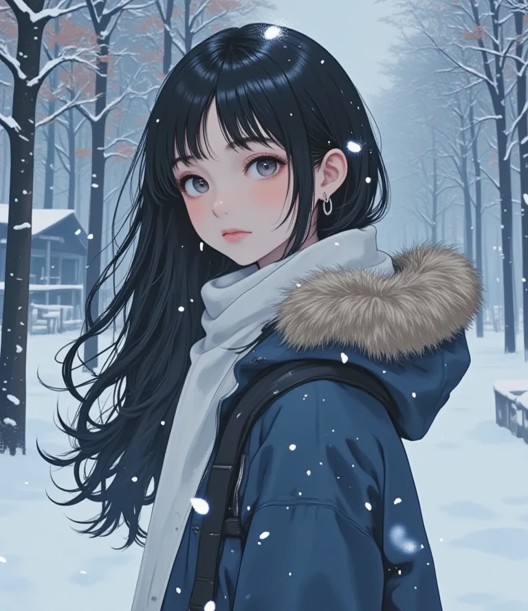 Create an " winter season " scene where a beautiful dark gray-eyed Japanese young highschool girl ,(((black color highlight hair,ash brown color hair, straight long hair style, one eye is hidden by hair ))、((Flat color:0.9)),between legs,((simple color theme background))、swayback stance, bewitching pose,(plump skin:0.8),

BRAKE
((akira toriyama)),

BRAKE

(((winter casual fashion,))),((looking away))、(cinematic angle) ,(1girl,Alone),(cute face)
