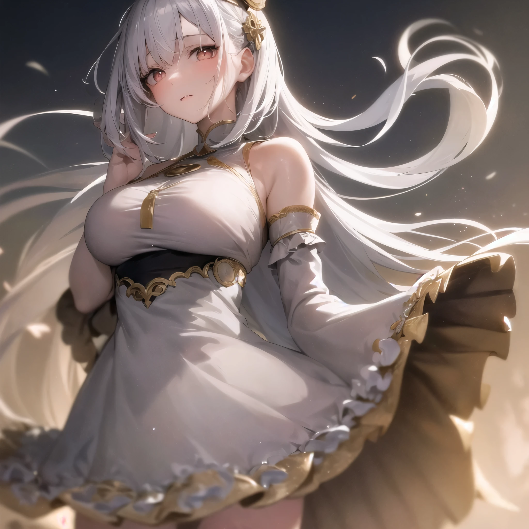 An adult woman with dark skin and shoulder length white hair. In a exited pose