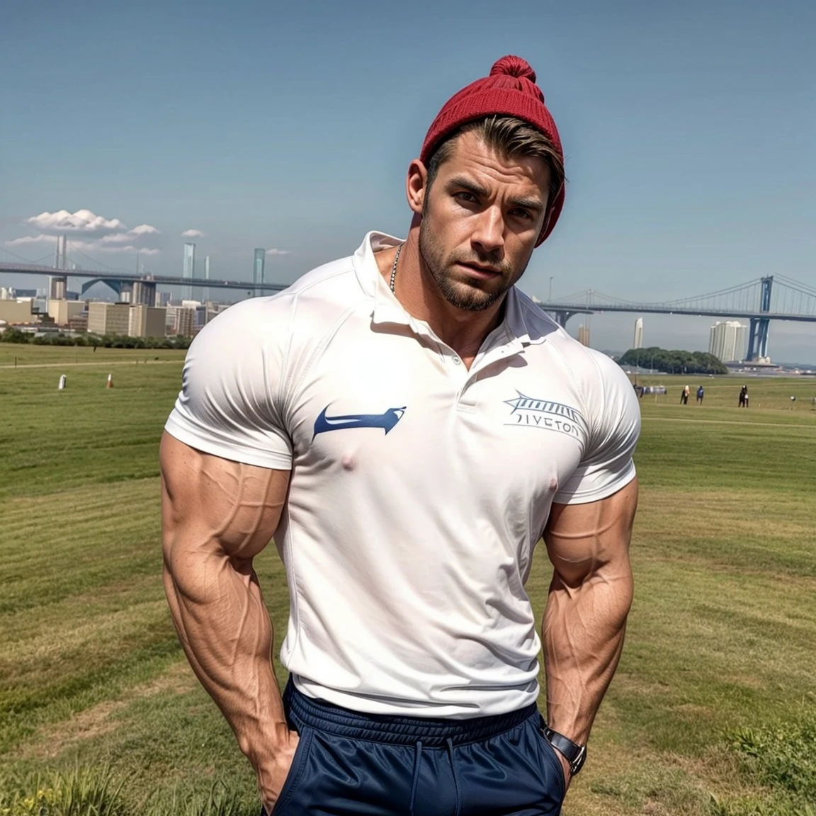 Upp、Create a 35-year-old mature man，Single Eyelids！Wear sportswear, soccer player, with short brown hair ！and a short beard, (Wear a white vest、Black and), ), (Use a short beard,) Charming and serious look, （（Run on the sports field））, musculous！, Close shave and secure fit, (高quality, photorealistic image), Image background on sports field, ((quality, 8K, tmasterpiece), ultra hd photo, (Details on the face, skin textures, Ultra-detailed body:1.1)High body hair！A high resolution, tmasterpiece, musculous的、Short hair details、NSFW、Spacious size、Correct limb sculpting fingers）The skin is really dark！The skin is a bit rough！Authentic texture、White  socks！athletic sneakers. (background scatter 1.2) training