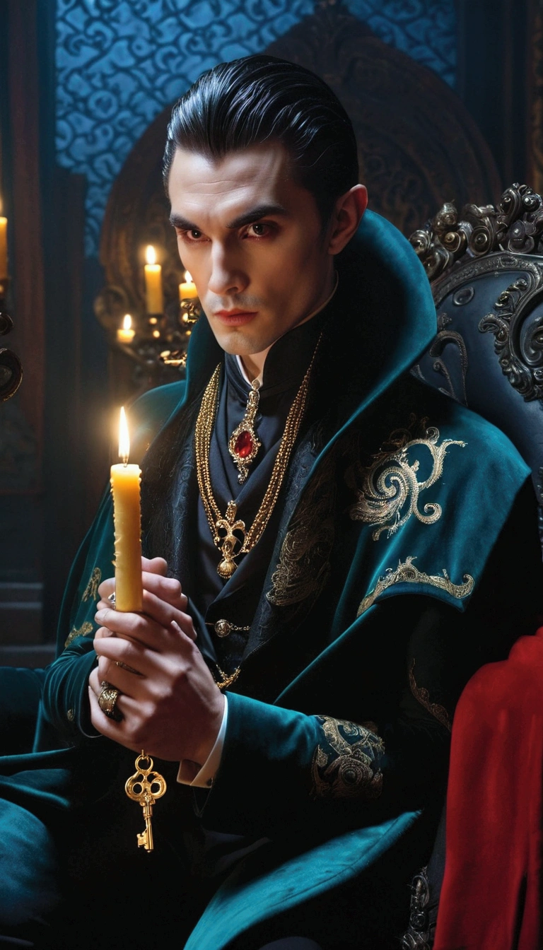 A VAMPIRE man, sitting on a dark teal velvet throne, wearing a dark teal coat, adorned and embroidered with gold and metallic arabesques. The coat is accented by gold detailing, resembling intricate embroidery of Dragons in gold thread. He also wears a matching vest and a ruffled tie. His hair is dark, neatly combed. His expression is intense, macabre, almost regal, and he shows his very long fangs in a bite-like motion. He is holding a golden object (similar to an exquisitely ornate miniature ancient key) in his hands. The room is dimly lit by candles, creating a warm glow with a dark and dramatic atmosphere. The background of the throne is rich and dark, very high backed with hints of gothic aesthetics. Hyperrealistic rendering of fabrics and details, highlighting textures and shadows. Include detailed elements such as the embroidered patterns, jewelry, and chair. Focus on the man's facial expression and posture to convey a sense of power and mystery. Use bold colors, deep shadows, and warm neon light reflected from candles.