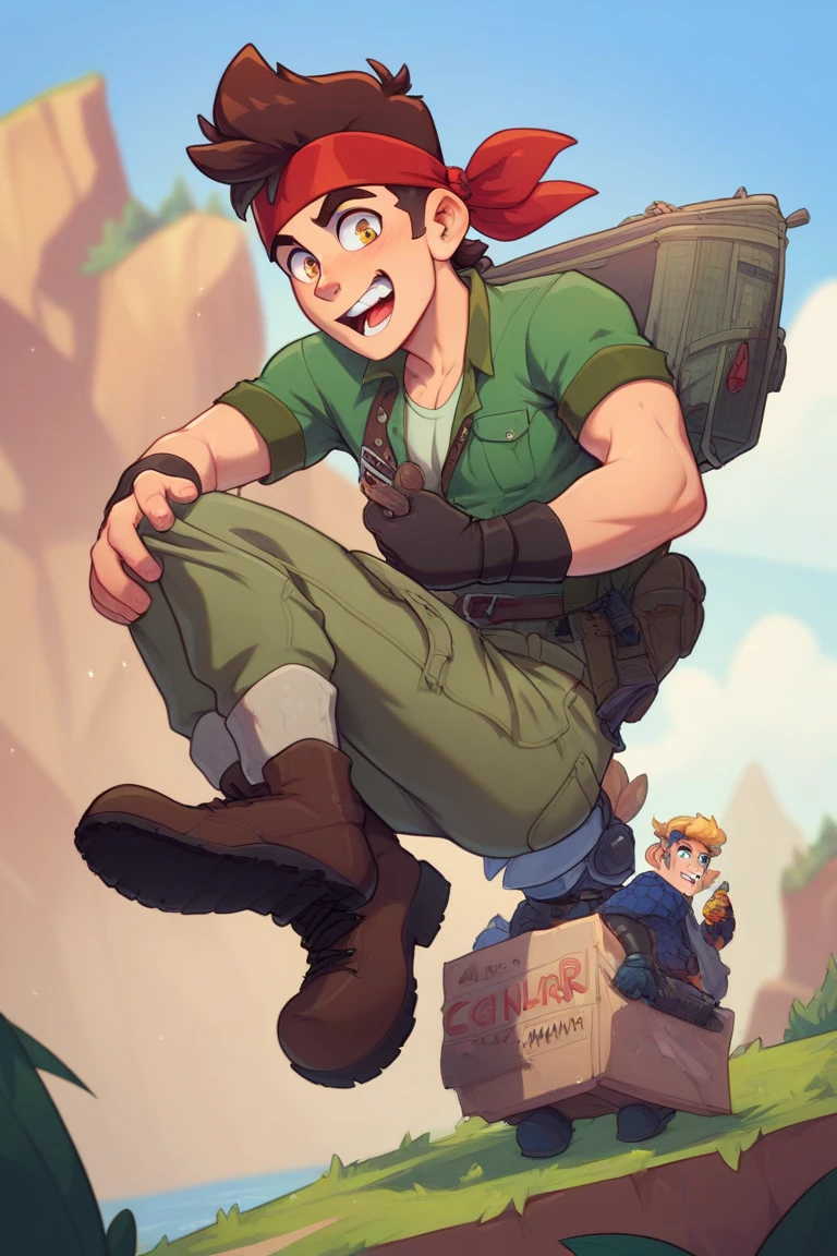  The Audacious Hunter

Appearance : An Athletic Adventurer , with a red headband,  green short sleeve t-shirt ,  leather boots and cargo pants .  He carries an old map and a flashlight hanging around his waist .
 Personality :  Courageous and always ready to explore ,  he is the leader of the group and excels in challenging situations.