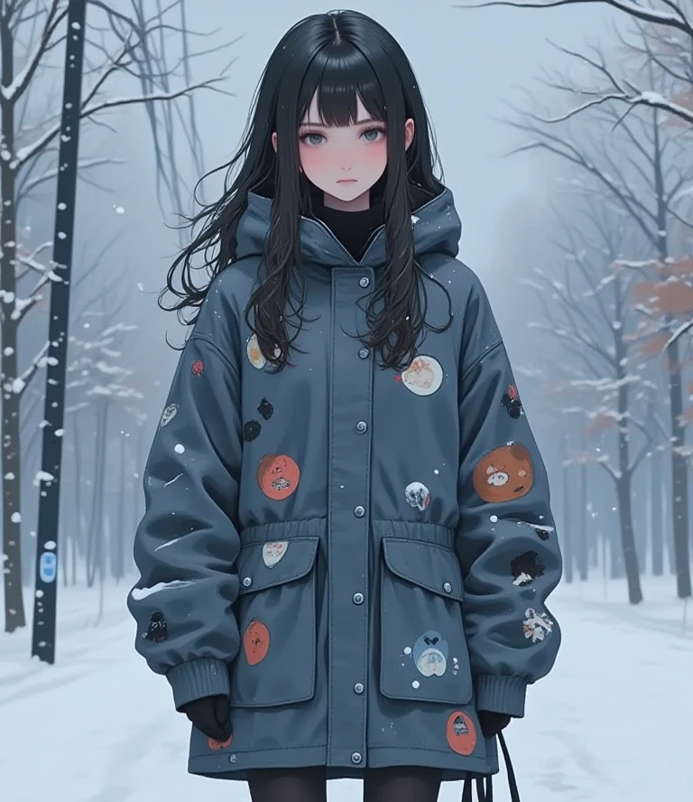 Create an " winter season " scene where a beautiful dark gray-eyed Japanese young highschool girl ,(((black color highlight hair,ash brown color hair, straight long hair style, one eye is hidden by hair ))、((Flat color:0.9)),between legs,((simple color theme background))、swayback stance, bewitching pose,(plump skin:0.8),

BRAKE
((akira toriyama)),

BRAKE

(((winter casual fashion,))),((looking away))、(cinematic angle) ,(1girl,Alone),(cute face)
