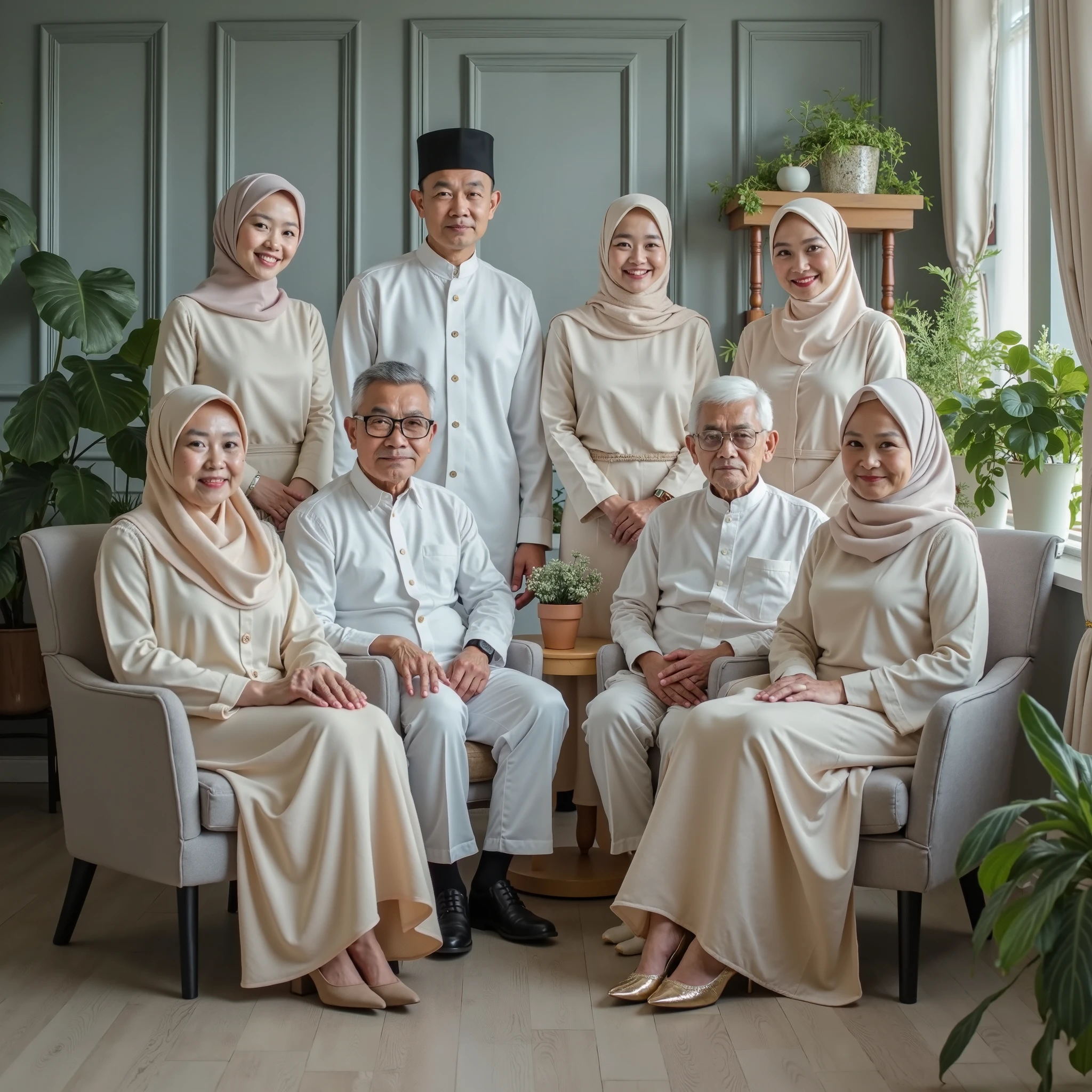Studio photo of a family of 6 people sitting on the slfa.Grandfather, grandmother,father,mother and 2 children. wearing Muslim clothes with the same motif. grandfather aged 63,grandmother aged 58,father aged 35 years with thin and neat hairdo, mother aged 31 years wearing a hijab that matches the clothes, son  boy and  boy wearing matching clothes, black background