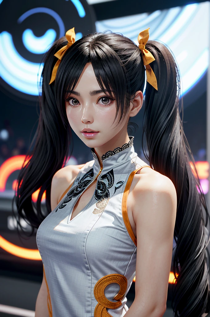 ((ultra detailed, masterpiece, absurdres))
 TKXiaoyu, 1girl, black hair, brown eyes, twintails, portrait, orange lacy dress, small Breasts