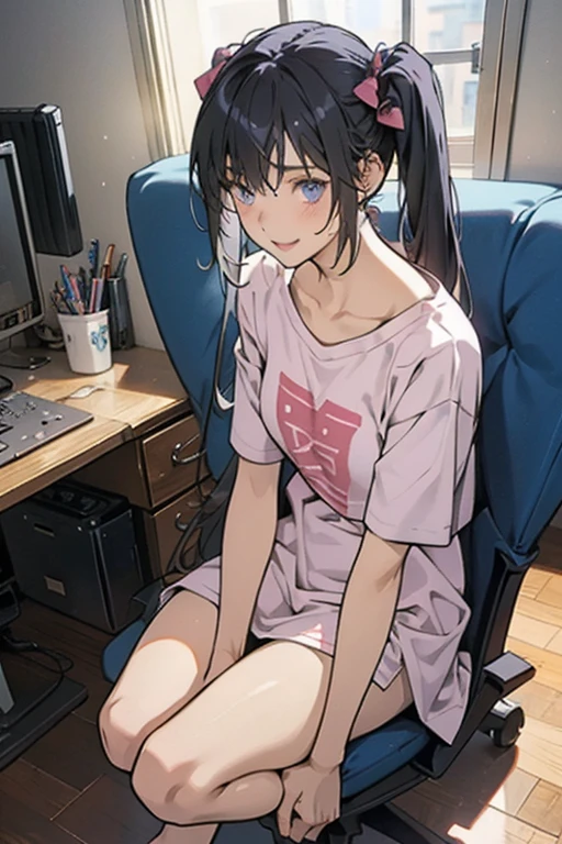 The background is the workplace,computer,monitor,masterpiece,Highest quality,High resolution,Anatomically correct,,Short sleeve,White shirt with collar,Dolphin skirt,Sweat,barefoot,Glowing Skin,blush,Ahegao,On all fours,White chocolate