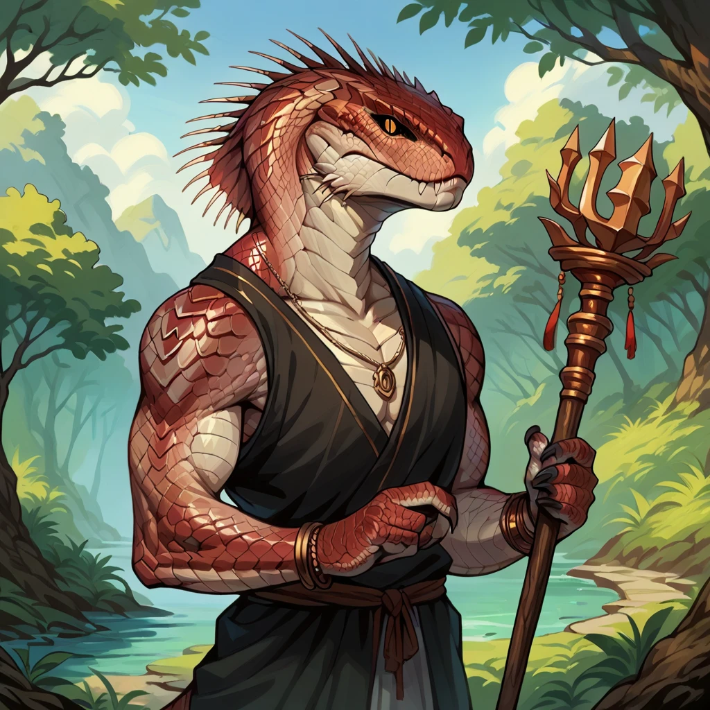 score_9, score_8_up, score_7_up, 2d, anime, stylized, rough lines, anthro snake, naga, Yuan-ti, black sclera, slit pupils, scales, solo, tree, bracelet, day, dinosaur, wood, holding scepter, looking at viewer, detailed scales,