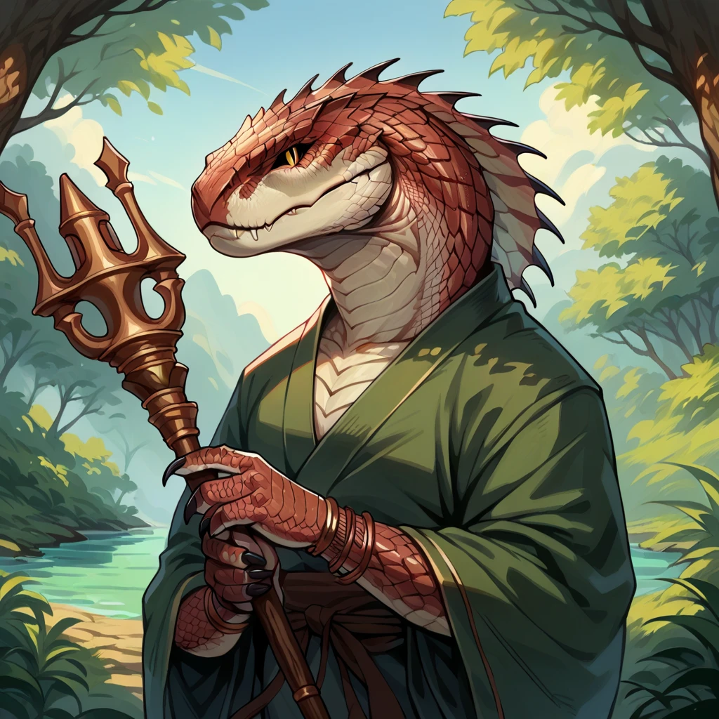 score_9, score_8_up, score_7_up, 2d, anime, stylized, rough lines, anthro snake, naga, Yuan-ti, black sclera, slit pupils, scales, solo, tree, bracelet, day, dinosaur, wood, holding scepter, looking at viewer, detailed scales,