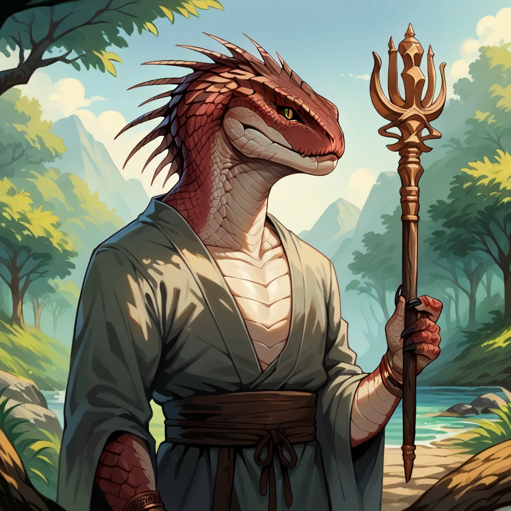 score_9, score_8_up, score_7_up, 2d, anime, stylized, rough lines, anthro snake, naga, Yuan-ti, black sclera, slit pupils, scales, solo, tree, bracelet, day, dinosaur, wood, holding scepter, looking at viewer, detailed scales,