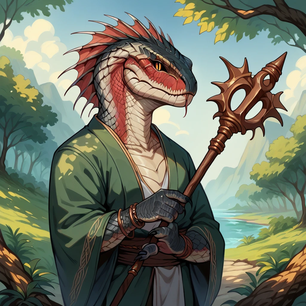 score_9, score_8_up, score_7_up, 2d, anime, stylized, rough lines, anthro snake, naga, Yuan-ti, black sclera, slit pupils, scales, solo, tree, bracelet, day, dinosaur, wood, holding scepter, looking at viewer, detailed scales,