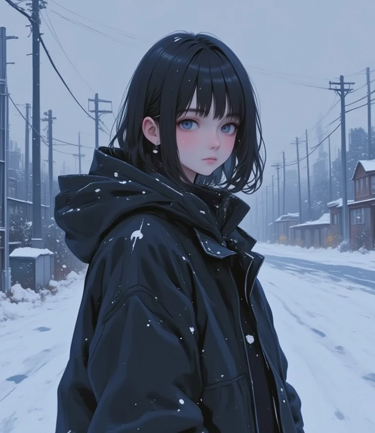 Create an " winter season " scene where a beautiful dark gray-eyed Japanese young highschool girl ,(((black color highlight hair,ash brown color hair, straight long hair style, one eye is hidden by hair ))、((Flat color:0.9)),between legs,((simple color theme background))、swayback stance, bewitching pose,(plump skin:0.8),

BRAKE
((akira toriyama)),

BRAKE

(((winter casual fashion,))),((looking away))、(cinematic angle) ,(1girl,Alone),(cute face)
