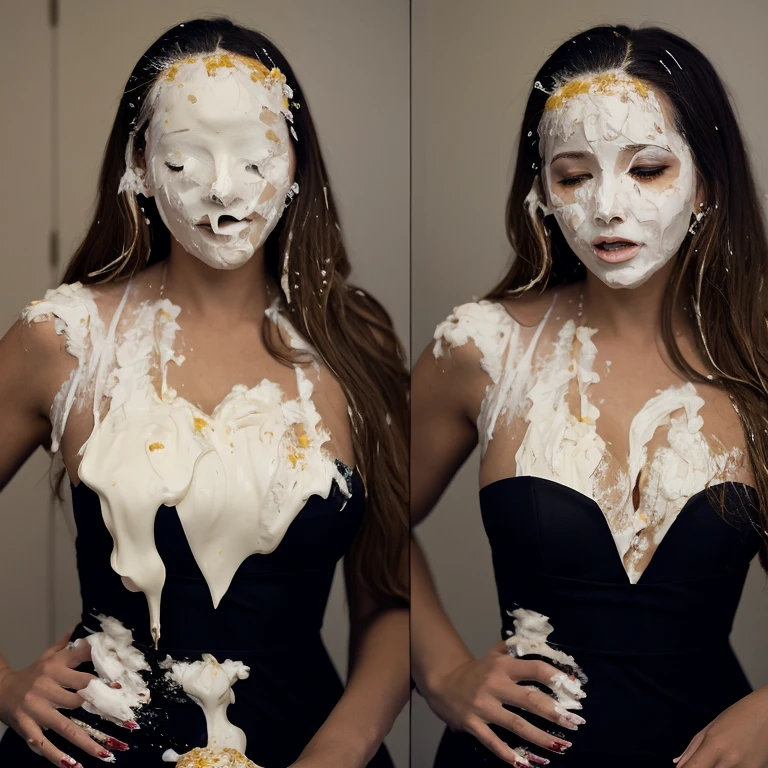 (Masterpiece,  top quality:1.2),  beautiful women,   whipped cream ,  apply pie to face , Pie dough on face ,  black dress,  photorealistic