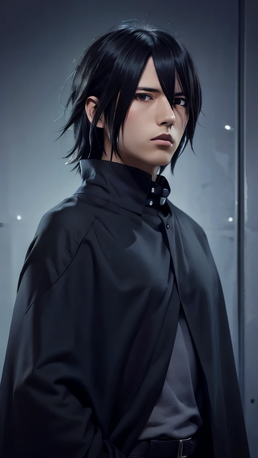 Sasuke uciha, 1boy, grey shirt, black cloak, black hair, black eyes, realistic,Masterpiece, Super Detailed, High Quality, UHD, High Resolution