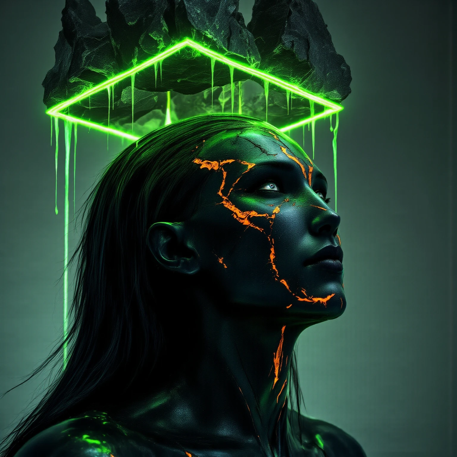 This image is a stunning portrayal of a futuristic male figure, blending hyper-realism with surrealist design. At its center is a humanoid bust, its surface an intricate interplay of polished, obsidian-like textures and sharp, angular cuts that streak across the face and neck. These obsidian fractures expose glowing, molten veins of orange and gold beneath the dark, glossy exterior, evoking the image of a living, volcanic entity. The smooth, black surface reflects light with an almost liquid brilliance, giving the figure a striking, otherworldly presence.

The face is sharp and angular, exuding strength and intensity. Long, flowing hair cascades around the head, merging seamlessly into the obsidian structure, with strands appearing almost as extensions of molten stone, glowing faintly at the tips. The figure’s expression is one of calm power, the head tilted upward as if transcending its physical form, lips closed in a contemplative pose.

Crowning the figure is a radiant, neon-green rectangle, cutting through jagged, volcanic rock formations that hover above the head. The glowing green plane emits a powerful luminescence, casting vivid light onto the face and hair while illuminating the cracks in the obsidian. Thick streams of fluorescent-green liquid drip from the edges of the rectangle and the rocks, their motion captured mid-flow, appearing alive as they cascade downward.

The backdrop is a minimalist gradient of muted cyan and gray, allowing the subject to dominate the composition. The contrast between the organic, rugged textures of the obsidian and the geometric precision of the glowing green rectangle highlights the tension between natural chaos and synthetic order. This artwork captures a transcendent male figure, both primal power and futuristic sophistication in a moment of cosmic balance.