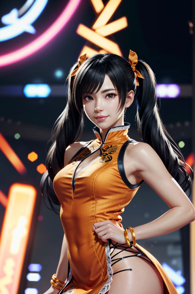 ((ultra detailed, masterpiece, absurdres))
 TKXiaoyu, 1girl, black hair, brown eyes, twintails, portrait, orange lacy dress, small Breasts, Light Smile