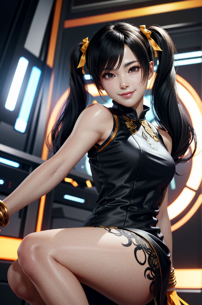 ((ultra detailed, masterpiece, absurdres))
 TKXiaoyu, 1girl, black hair, brown eyes, twintails, portrait, orange lacy dress, small Breasts, Light Smile